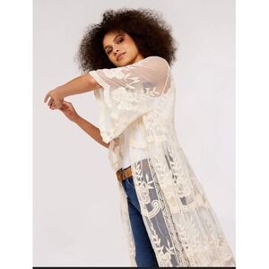 Fairy Floral Lace Kimono Duster Longline Open Mesh Cover Up S/M Boho Cardigan